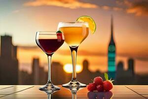 two glasses of wine and fruit on a table with a city skyline in the background. AI-Generated photo