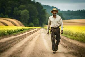 a man in a hat walks down a dirt road. AI-Generated photo