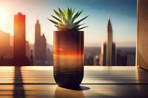 a plant in a vase on a table with a city in the background. AI-Generated photo