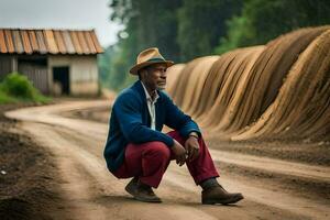 a man in a hat and red pants sitting on a dirt road. AI-Generated photo