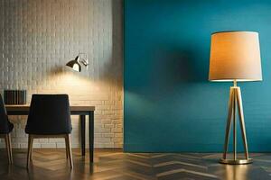 a dining room with a blue wall and a lamp. AI-Generated photo