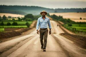 un hombre en un sombrero camina abajo un suciedad la carretera. generado por ai foto