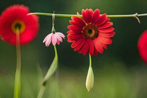 red flowers hanging from a string in a field. AI-Generated photo