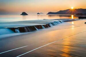 the sun sets over the ocean and waves. AI-Generated photo