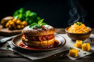 a hamburger with sauce and cheese on a plate. AI-Generated photo