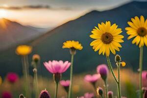 sunset over a field of wildflowers. AI-Generated photo