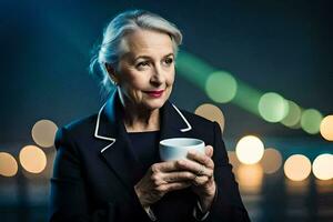 an older woman holding a cup of coffee. AI-Generated photo