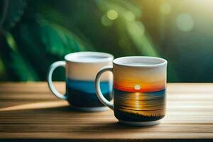 two coffee mugs with the sun setting in the background. AI-Generated photo