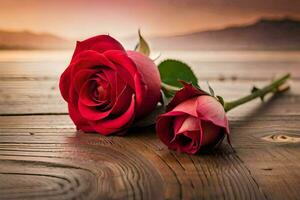 two red roses laying on a wooden table. AI-Generated photo