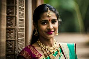 a beautiful indian woman wearing a traditional sari. AI-Generated photo