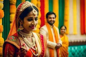 un novia en tradicional indio atuendo y joyas. generado por ai foto
