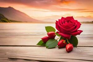 red roses on a wooden table with mountains in the background. AI-Generated photo