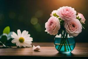 pink roses in a vase on a wooden table. AI-Generated photo