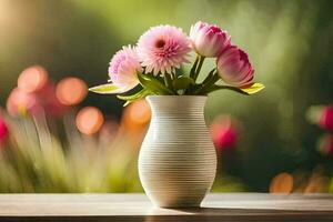 un florero con rosado flores en un mesa. generado por ai foto