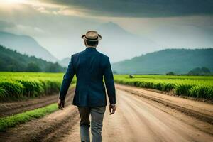 a man in a suit and hat walks down a dirt road. AI-Generated photo