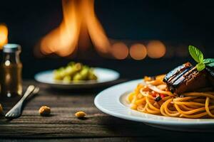 spaghetti with meat and vegetables on a plate. AI-Generated photo