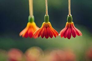 three red flowers hanging from strings. AI-Generated photo