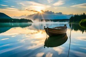 un barco en un lago a amanecer. generado por ai foto