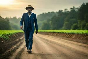 un hombre en un traje y sombrero caminando abajo un suciedad la carretera. generado por ai foto