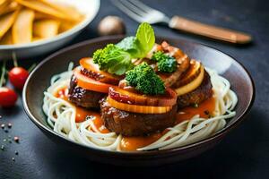 a plate of spaghetti with meat and vegetables. AI-Generated photo