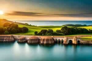 the sun sets over a lake and a bridge. AI-Generated photo