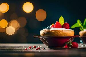 two desserts with berries on a wooden table. AI-Generated photo