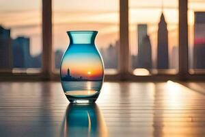 a vase with a city skyline in the background. AI-Generated photo