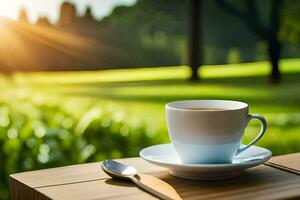 un taza de café en un de madera mesa en el Mañana. generado por ai foto