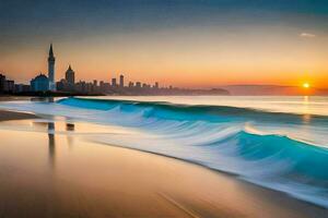 el Dom sube terminado el ciudad horizonte y olas en el playa. generado por ai foto