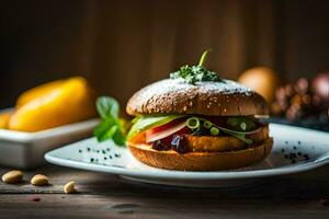 a hamburger with vegetables and nuts on a plate. AI-Generated photo