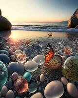 tranquilo puesta de sol terminado Oceano y playa con mariposa y concha.atardecer en un tranquilo playa con mariposas, conchas, y sereno naturaleza. foto