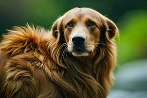 a golden retriever with long hair sitting on the ground. AI-Generated photo