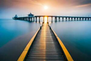 a pier with a long bridge leading to the ocean. AI-Generated photo