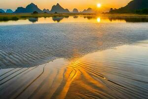 the sun sets over the li river in china. AI-Generated photo