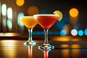 two cocktails sit on a table in front of a blurry background. AI-Generated photo