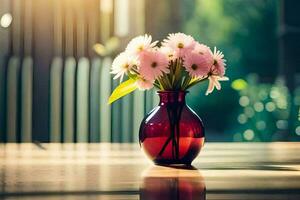 a vase with pink flowers sitting on a table. AI-Generated photo