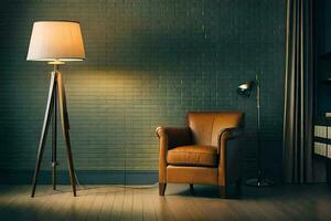 a leather chair and lamp in a room. AI-Generated photo