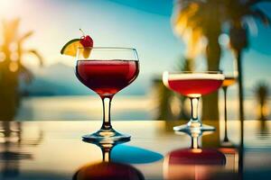 two glasses of red and white cocktails on a table. AI-Generated photo