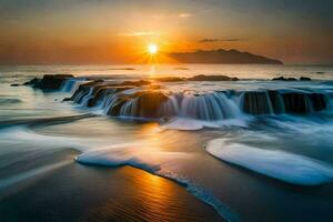 the sun sets over a rocky beach with water flowing over rocks. AI-Generated photo