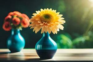 two vases with flowers on a table. AI-Generated photo