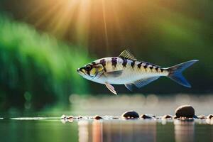 a fish is flying over the water with the sun shining. AI-Generated photo