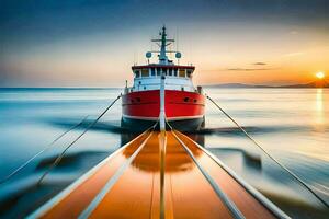 un tirón barco de viaje mediante el Oceano a puesta de sol. generado por ai foto