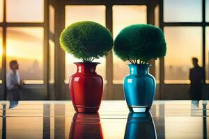 two vases with green trees in them on a table. AI-Generated photo