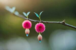 two pink flowers on a branch. AI-Generated photo