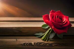 a single red rose on a wooden table. AI-Generated photo