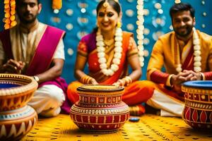 a couple in traditional indian attire sit on the floor with pots. AI-Generated photo