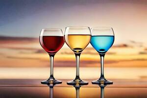 three wine glasses with different colored liquids on a table. AI-Generated photo