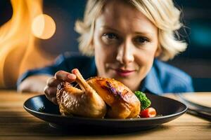 un mujer es comiendo un pollo en un lámina. generado por ai foto