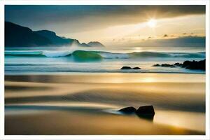 un fotografía de el Oceano y olas a puesta de sol. generado por ai foto