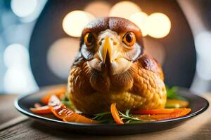 a bird on a plate with vegetables and a candle. AI-Generated photo